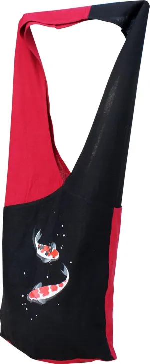RaanPahMuang Cotton Sling Messenger Bag Two Tone with Handpainted Carp Fish Art