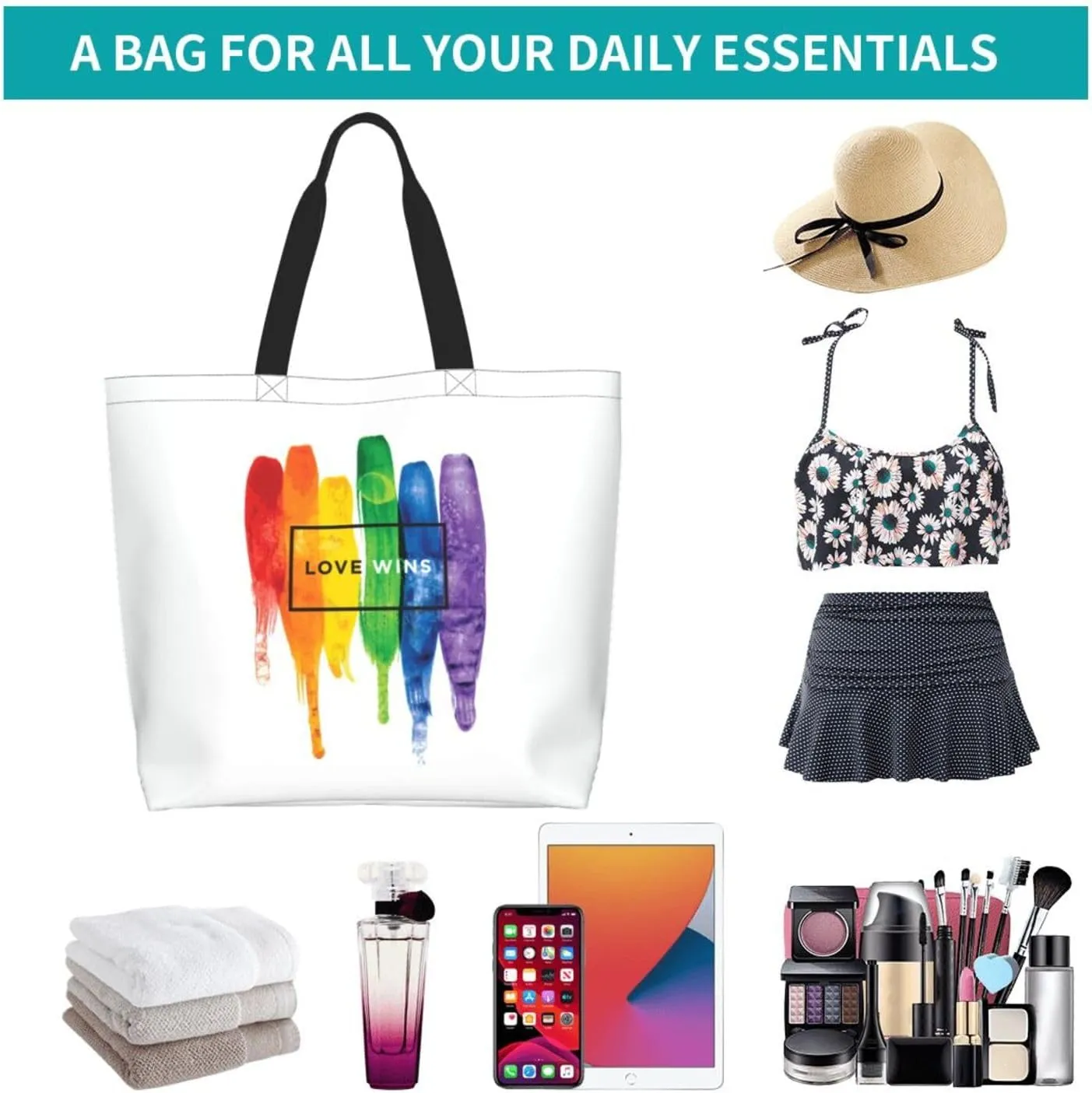 Rainbow LGBT Gay Pride Tote Bag for Women Men Large Reusable Grocery Shoulder Bags for Shopping, Gym, Beach