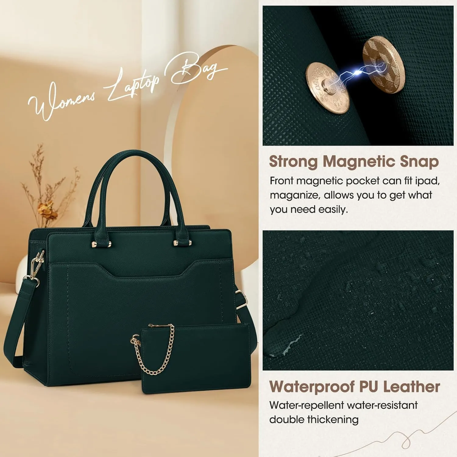 RAINSMORE Laptop Bag for Women 15.6 Inch Laptop Tote Bag Waterproof Leather Work Bags Professional Computer Briefcase Large Capacity Handbag for Business Teacher Office, Green