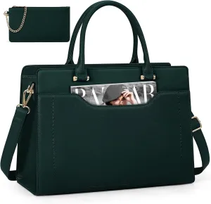 RAINSMORE Laptop Bag for Women 15.6 Inch Laptop Tote Bag Waterproof Leather Work Bags Professional Computer Briefcase Large Capacity Handbag for Business Teacher Office, Green