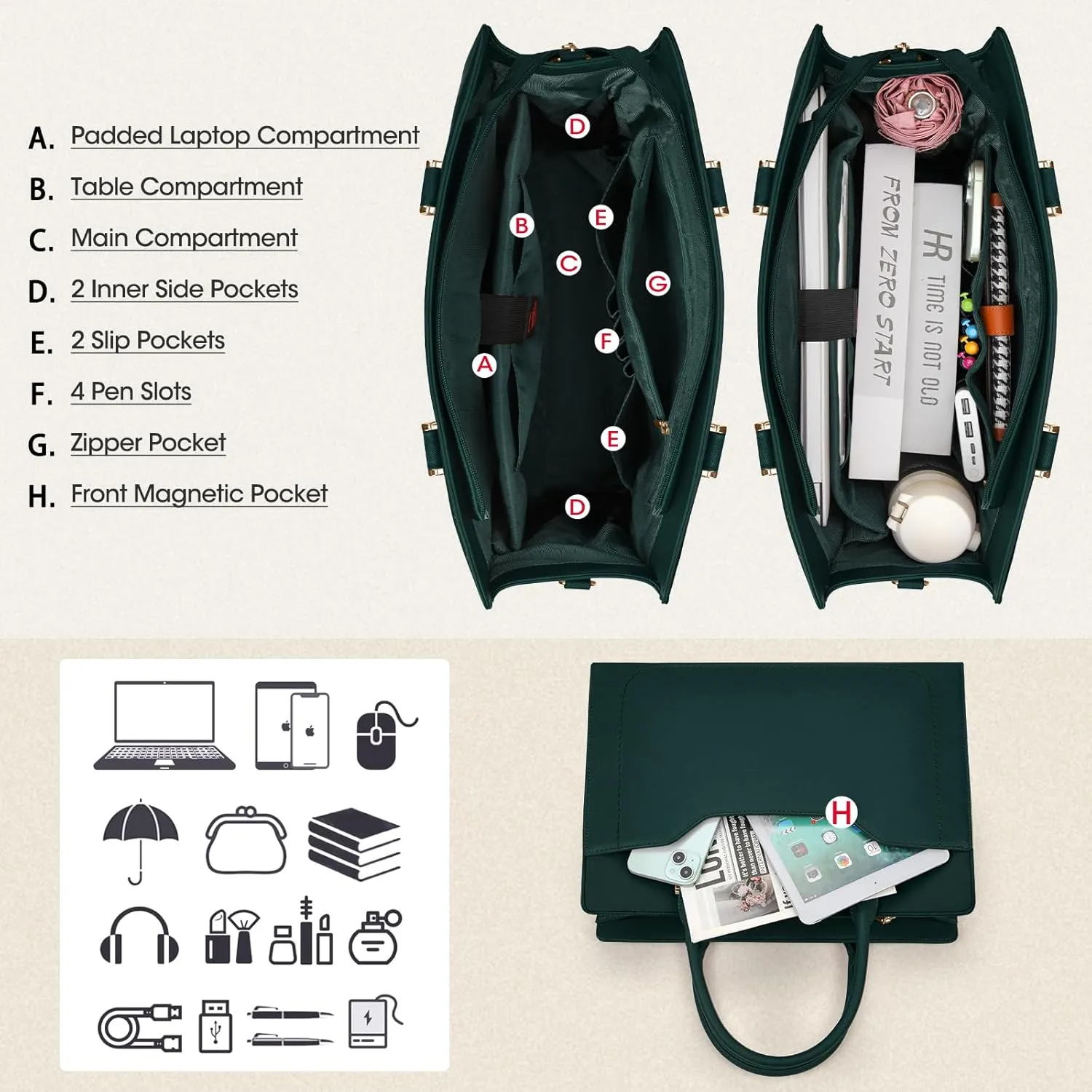 RAINSMORE Laptop Bag for Women 15.6 Inch Laptop Tote Bag Waterproof Leather Work Bags Professional Computer Briefcase Large Capacity Handbag for Business Teacher Office, Green