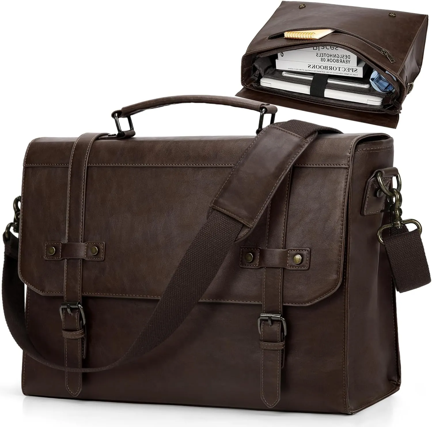 RAINSMORE Mens Messenger Bag 17 Inch Waterproof Vintage Leather Laptop Briefcase Large Laptop Bag Satchel Bag Computer Shoulder Bag for Office Business Travel College,Brown