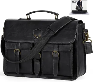 RAINSMORE Messenger Bag for Men 15.6 Inch Vintage Leather Laptop Briefcase Large Laptop Bag Waterproof Satchel Bag Computer Shoulder Bag for Office Work Travel College, Black