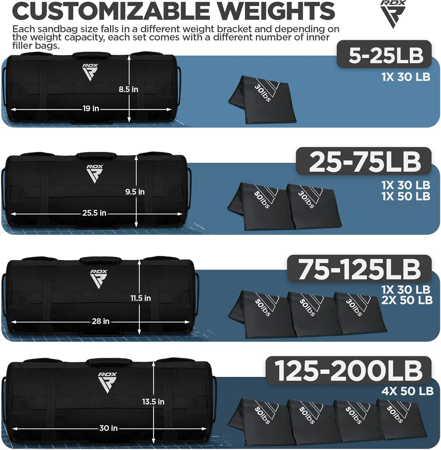 RDX Sandbag for Fitness Weights Training, Unfilled Power Bags with Handles, 5-200 LBs Adjustable Weighted Slam Bag for Strength Powerlifting Running Heavy Workout Home Gym Exercise, Sold AS UNFILLED