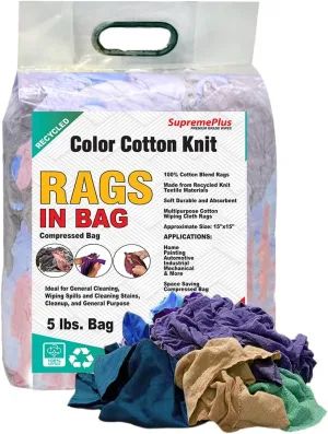 Recycled Color Knit Cleaning Rags – Shop Rags Bulk for Workshops, Mechanics, Painters, and Home Use, Multipurpose Cotton T-Shirt Rags (5 lbs. Bag)