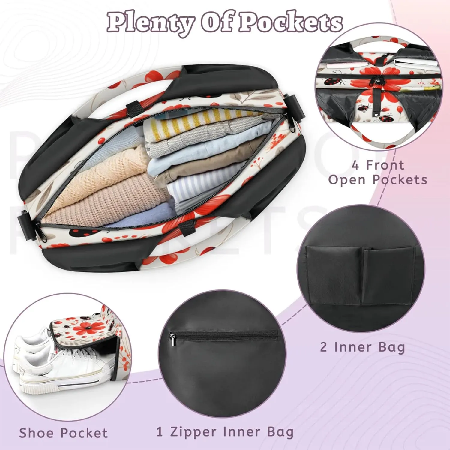 Red Flower Beetle Fun Waterproof Gym Bag for Men Women, Sports Duffel Bag with Shoe Compartment Yoga Mat Holder, Portable Large Travel Bag for Fitness, Camping, Weekend Trips