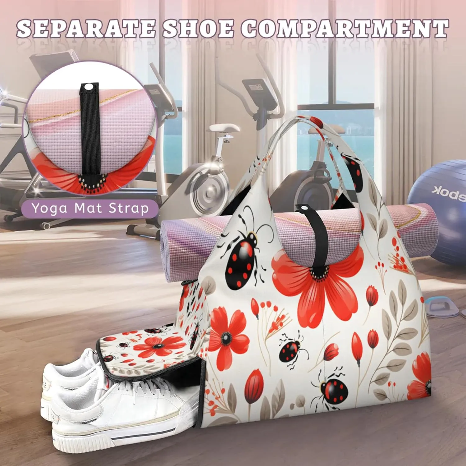 Red Flower Beetle Fun Waterproof Gym Bag for Men Women, Sports Duffel Bag with Shoe Compartment Yoga Mat Holder, Portable Large Travel Bag for Fitness, Camping, Weekend Trips