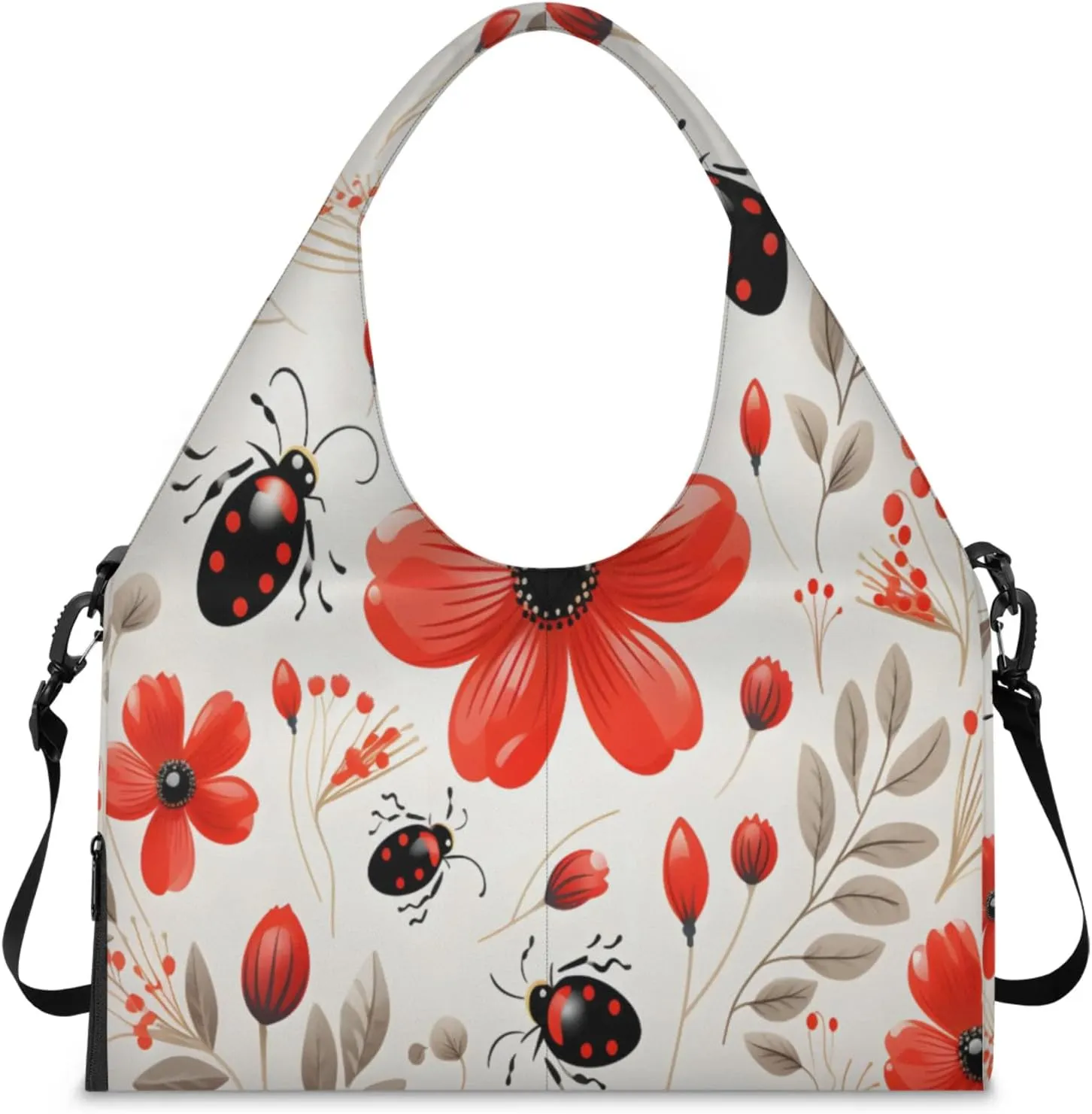 Red Flower Beetle Fun Waterproof Gym Bag for Men Women, Sports Duffel Bag with Shoe Compartment Yoga Mat Holder, Portable Large Travel Bag for Fitness, Camping, Weekend Trips