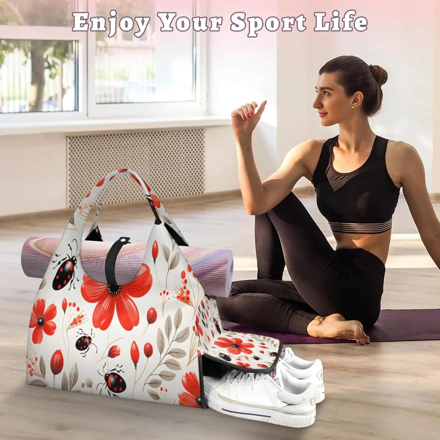 Red Flower Beetle Fun Waterproof Gym Bag for Men Women, Sports Duffel Bag with Shoe Compartment Yoga Mat Holder, Portable Large Travel Bag for Fitness, Camping, Weekend Trips