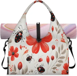 Red Flower Beetle Fun Waterproof Gym Bag for Men Women, Sports Duffel Bag with Shoe Compartment Yoga Mat Holder, Portable Large Travel Bag for Fitness, Camping, Weekend Trips