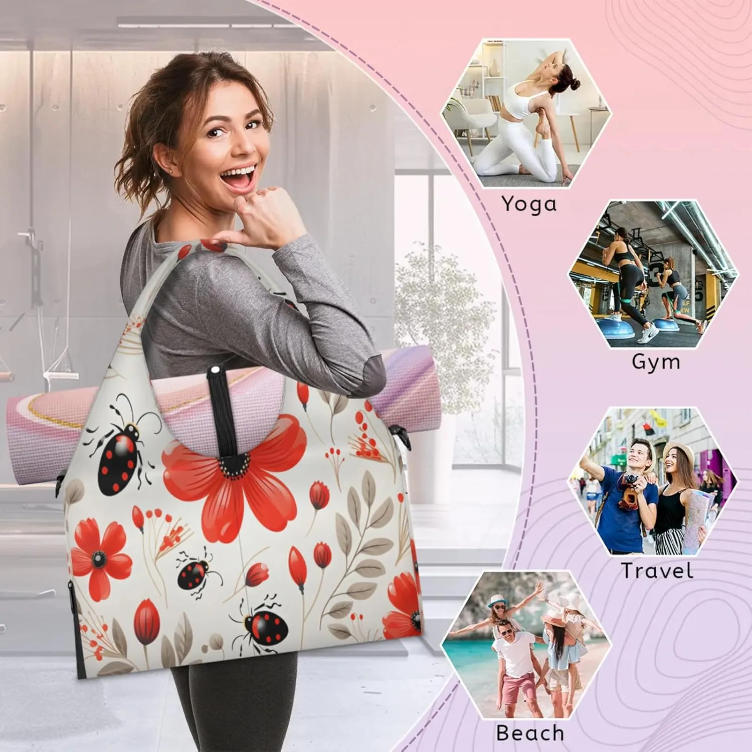 Red Flower Beetle Fun Waterproof Gym Bag for Men Women, Sports Duffel Bag with Shoe Compartment Yoga Mat Holder, Portable Large Travel Bag for Fitness, Camping, Weekend Trips