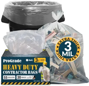 Reli. Contractor Garbage Bags 55 Gallon | 20 Trash Bags | Heavy Duty | Clear Contractor