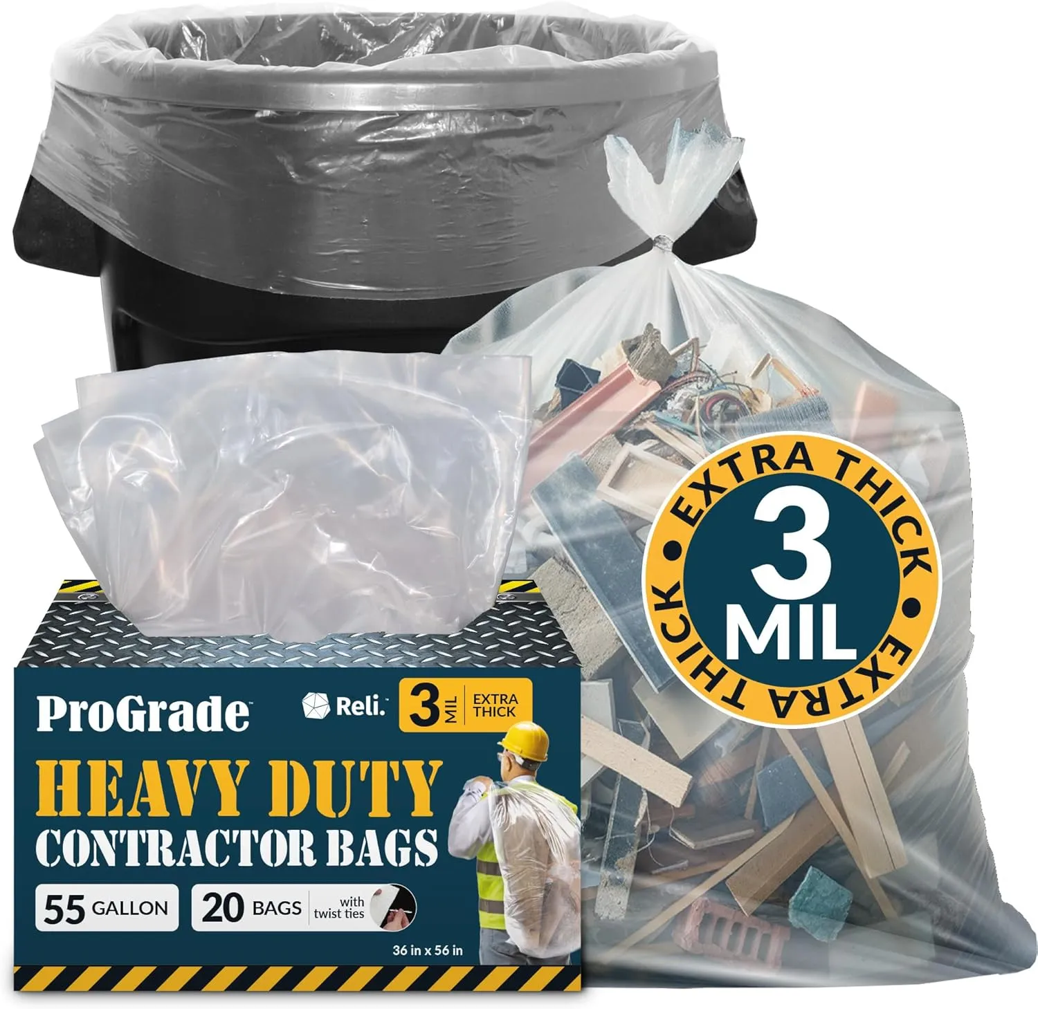 Reli. Contractor Garbage Bags 55 Gallon | 20 Trash Bags | Heavy Duty | Clear Contractor
