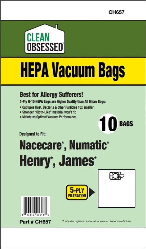 Replacement Cen-Tec Systems 38056 Numatic HEPA 10 Synthetic Vacuum Bags, 10/pk
