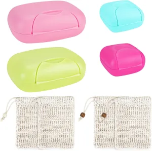 RETON 8 Pcs Portable Soap Container Set, 4 Travel Soap Case Box with 4 Soap Bag, Plastic Bar Soap Holder with Lid, Soap Dishes for Shower, Bathroom, Camping, Traveling, Outdoor (2 Large 2 Small)