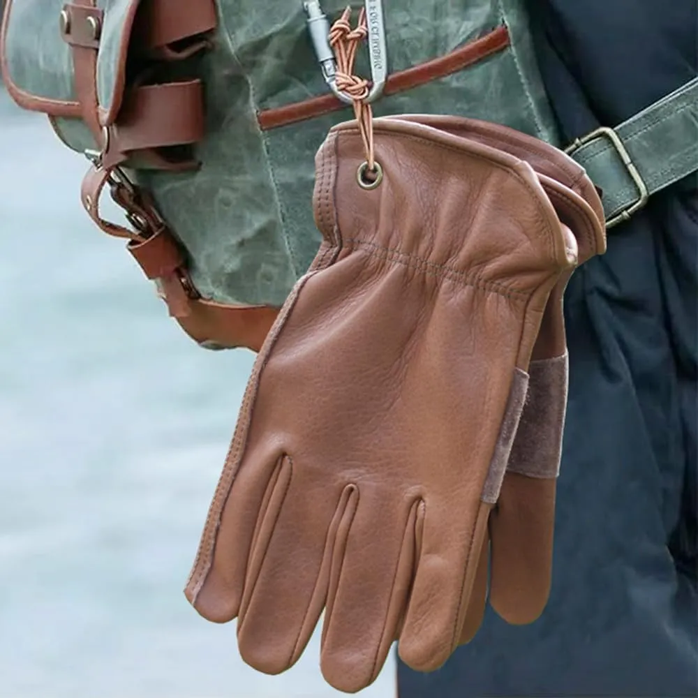 Retro Brown Cowhide Leather Work Gloves for Construction, Yardwork, Gardening with Reinforced Palm for Men & Women