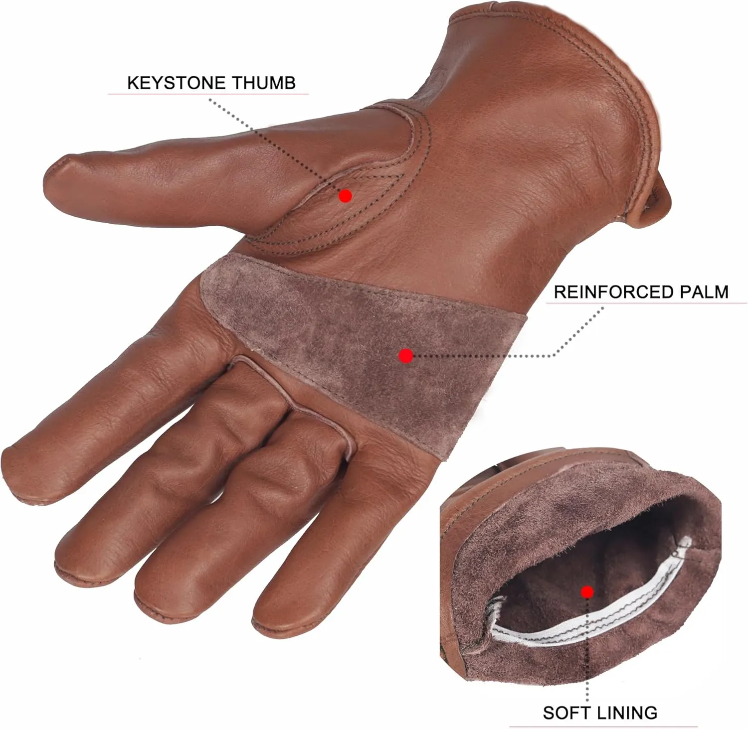 Retro Brown Cowhide Leather Work Gloves for Construction, Yardwork, Gardening with Reinforced Palm for Men & Women