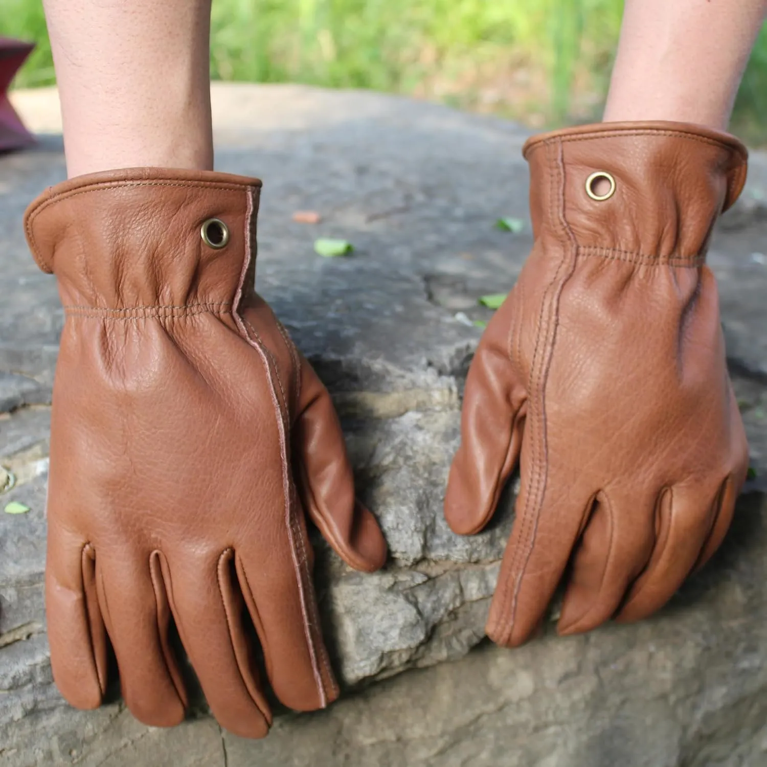 Retro Brown Cowhide Leather Work Gloves for Construction, Yardwork, Gardening with Reinforced Palm for Men & Women