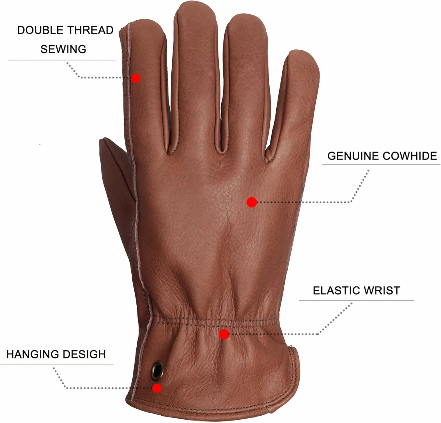 Retro Brown Cowhide Leather Work Gloves for Construction, Yardwork, Gardening with Reinforced Palm for Men & Women