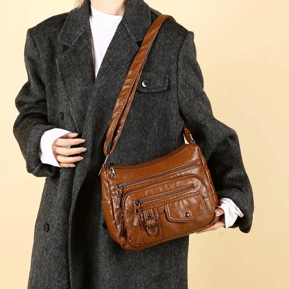 Retro Soft Pu Leather Crossbody Bags for Women 2025 Female Multi Pocket Shoulder Bag Purses and Handbags Designer Messenger Sac