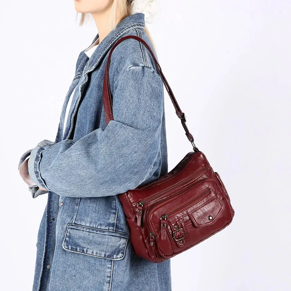 Retro Soft Pu Leather Crossbody Bags for Women 2025 Female Multi Pocket Shoulder Bag Purses and Handbags Designer Messenger Sac