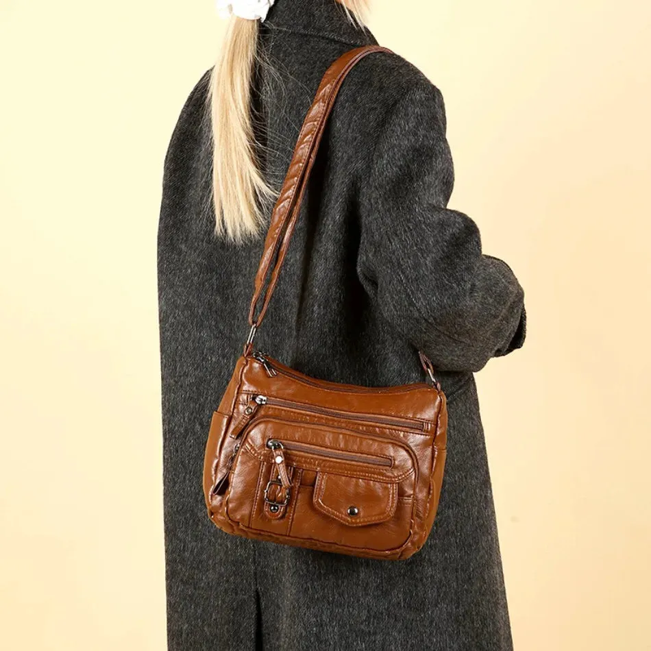 Retro Soft Pu Leather Crossbody Bags for Women 2025 Female Multi Pocket Shoulder Bag Purses and Handbags Designer Messenger Sac