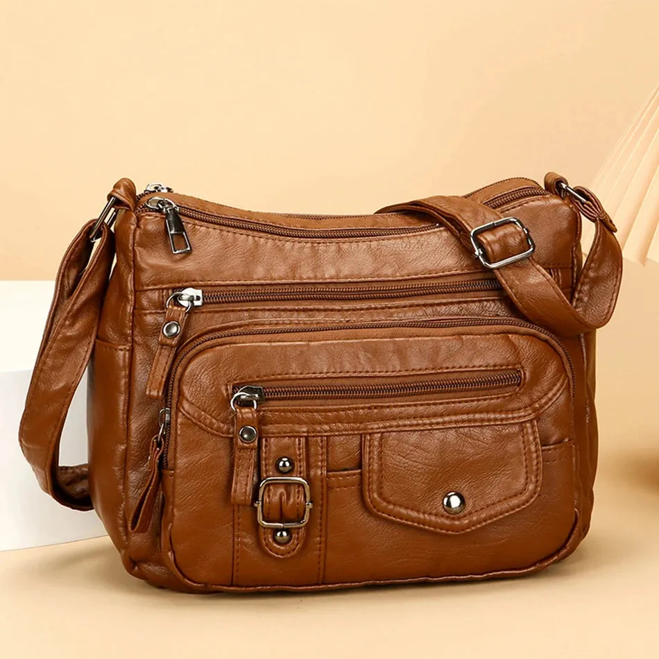 Retro Soft Pu Leather Crossbody Bags for Women 2025 Female Multi Pocket Shoulder Bag Purses and Handbags Designer Messenger Sac