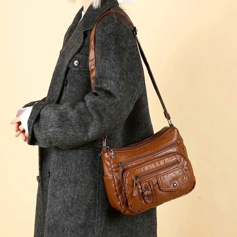 Retro Soft Pu Leather Crossbody Bags for Women 2025 Female Multi Pocket Shoulder Bag Purses and Handbags Designer Messenger Sac