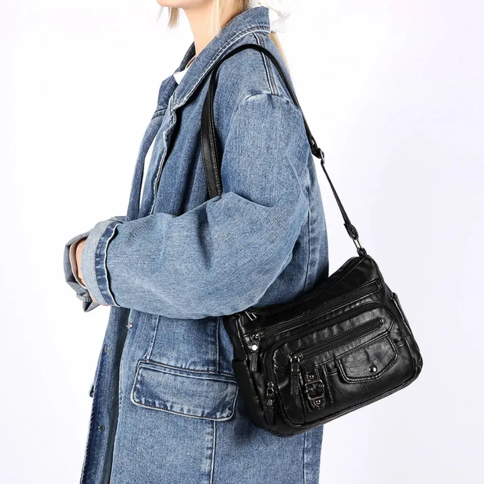 Retro Soft Pu Leather Crossbody Bags for Women 2025 Female Multi Pocket Shoulder Bag Purses and Handbags Designer Messenger Sac