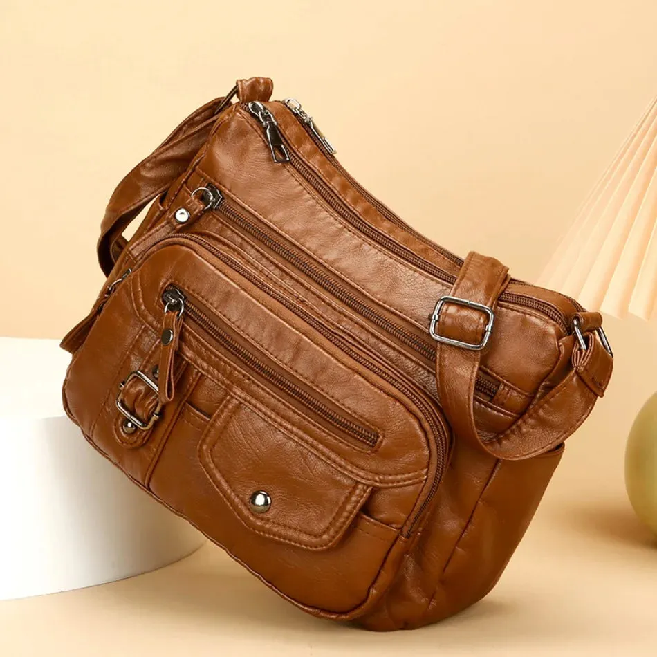 Retro Soft Pu Leather Crossbody Bags for Women 2025 Female Multi Pocket Shoulder Bag Purses and Handbags Designer Messenger Sac