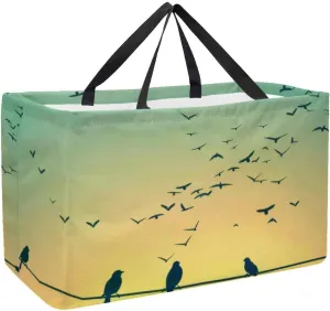 Reusable Grocery Bag Heavy Duty Shopping Tote Bag Foldable with Reinforced Handle, Spring Nature Sparrow Birds Silhouettes