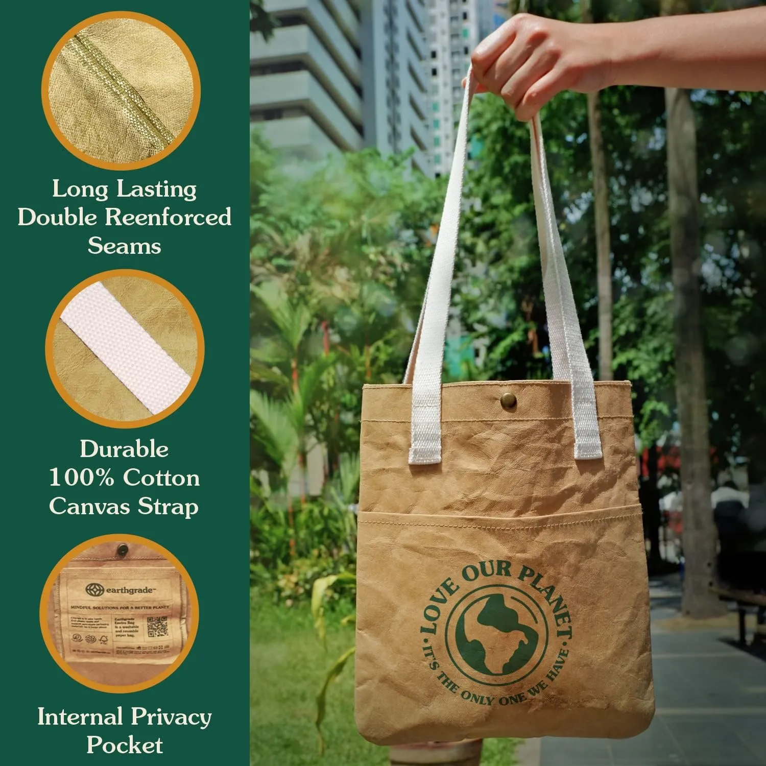 Reusable Grocery Bag – Large Sustainable Washable Paper Tote with Reinforced Seams. Foldable and Durable.