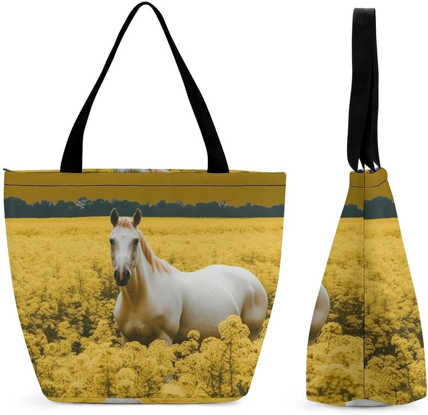 Reusable Shopping Bags for Women Large Grocery Bags Travel Tote Bags Horses in The Fields Shoulder Bag for Work
