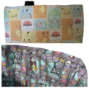 Reversible Tote bag in heavy duty nylon material and seat belt straps with various character cotton lining