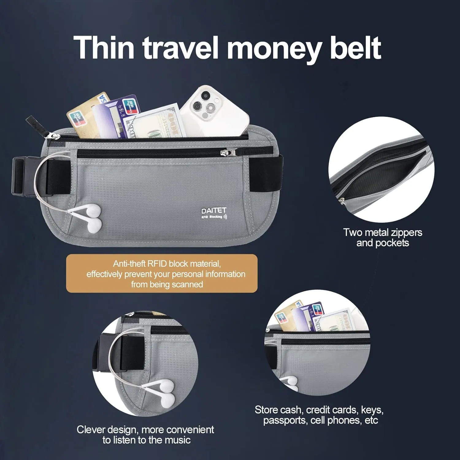 RFID Blocking Money Belt for Men Women, Slim Fanny Pack For Travel，Running,Conceal Waist Wallet For Passport Holder,Phone,Cash(Black Light Grey)