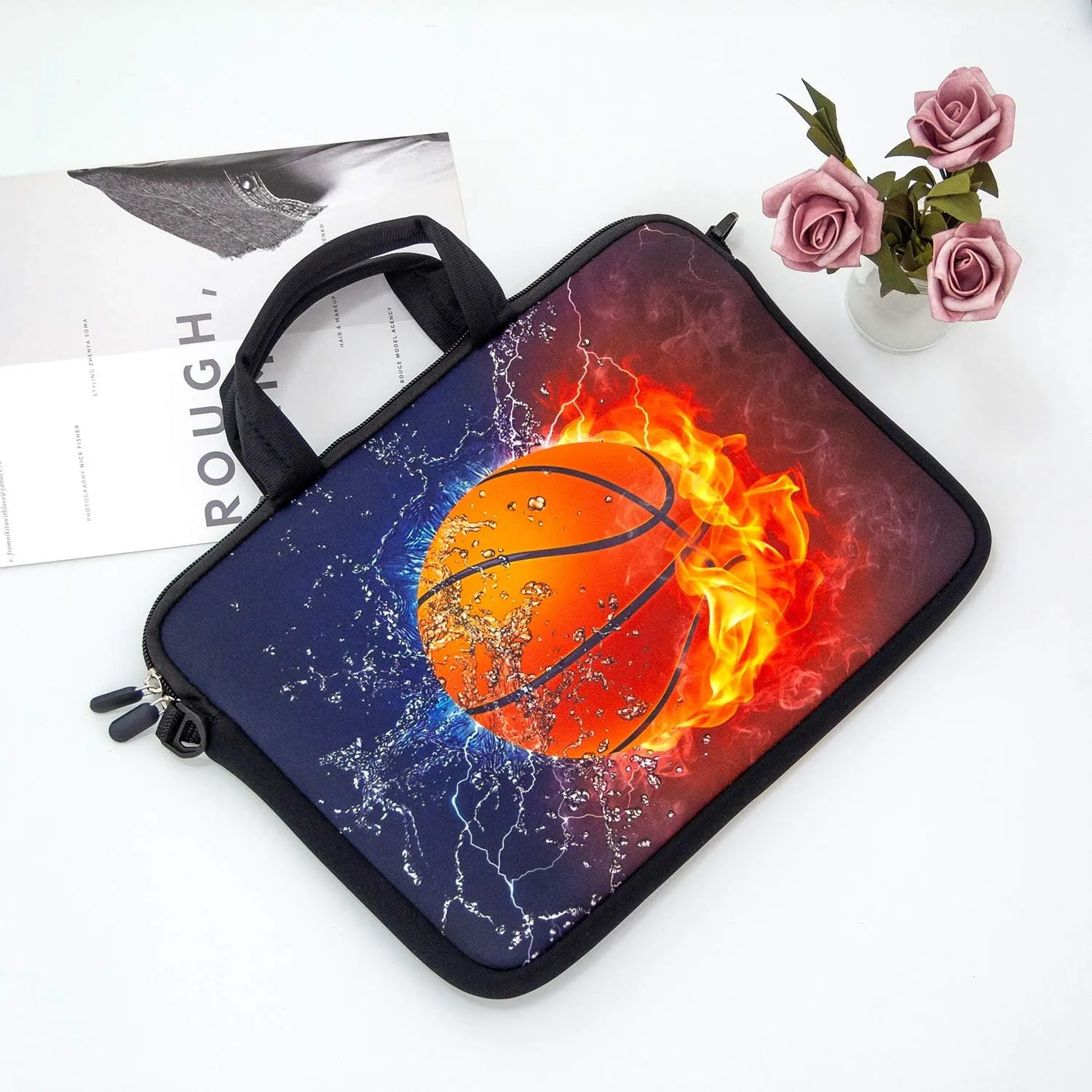 RICHEN 17 inch Laptop Shoulder Bag Carrying Case Computer PC Cover Pouch with Handle Fits 15.6/16/17/17.3/17.4 inch Laptop Notebook (16-17.3 inch, Basketball Fire)