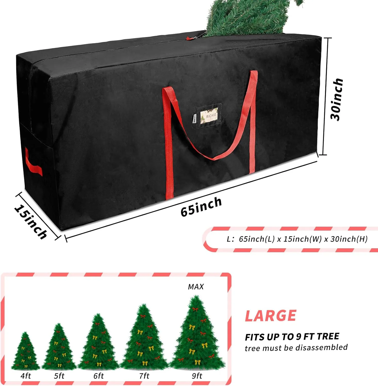 RICHIE Christmas Tree Storage Bag 9 ft, Fits Up to 9 Foot Artificial Trees, 600D Oxford Tear-proof Xmas Tree Bag, Reinforced Handles & Zippered & Durable, Holiday Decoration Storage Bags, Black