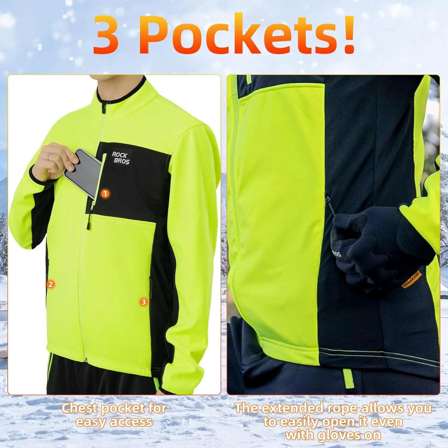 ROCKBROS Cycling Jackets for Men Winter Thermal Bike Jackets Breathable Cycling Windbreaker with 3 Pockets
