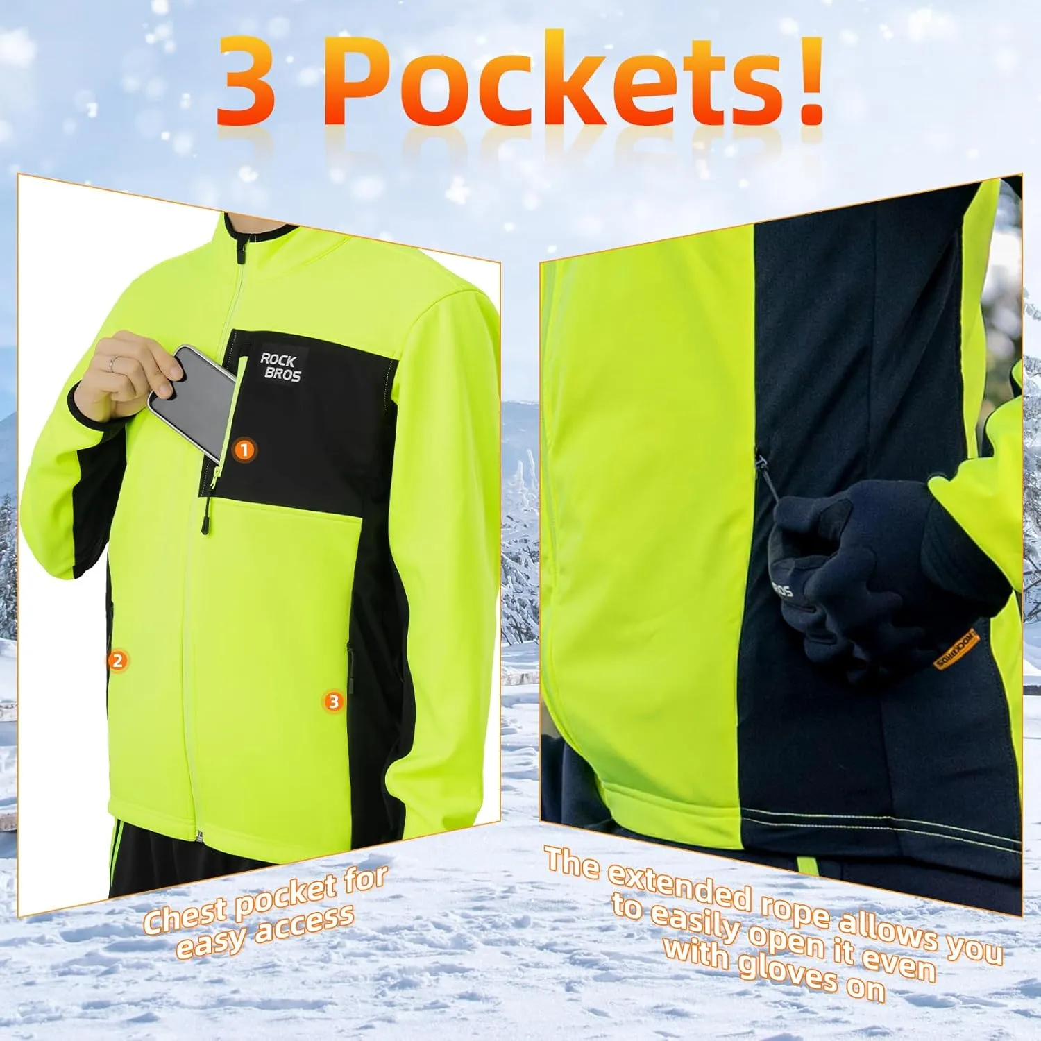 ROCKBROS Cycling Jackets for Men Winter Warm UP Thermal Bike Jackets Breathable Windproof with 3 Pockets