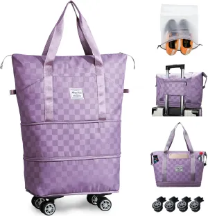 Rolling Duffle Bag with Wheels and Shoe Bag Expandable Foldable Travel Duffel Bag Carry on Luggage Bag Checkerboard Weekender Bag for Men Women