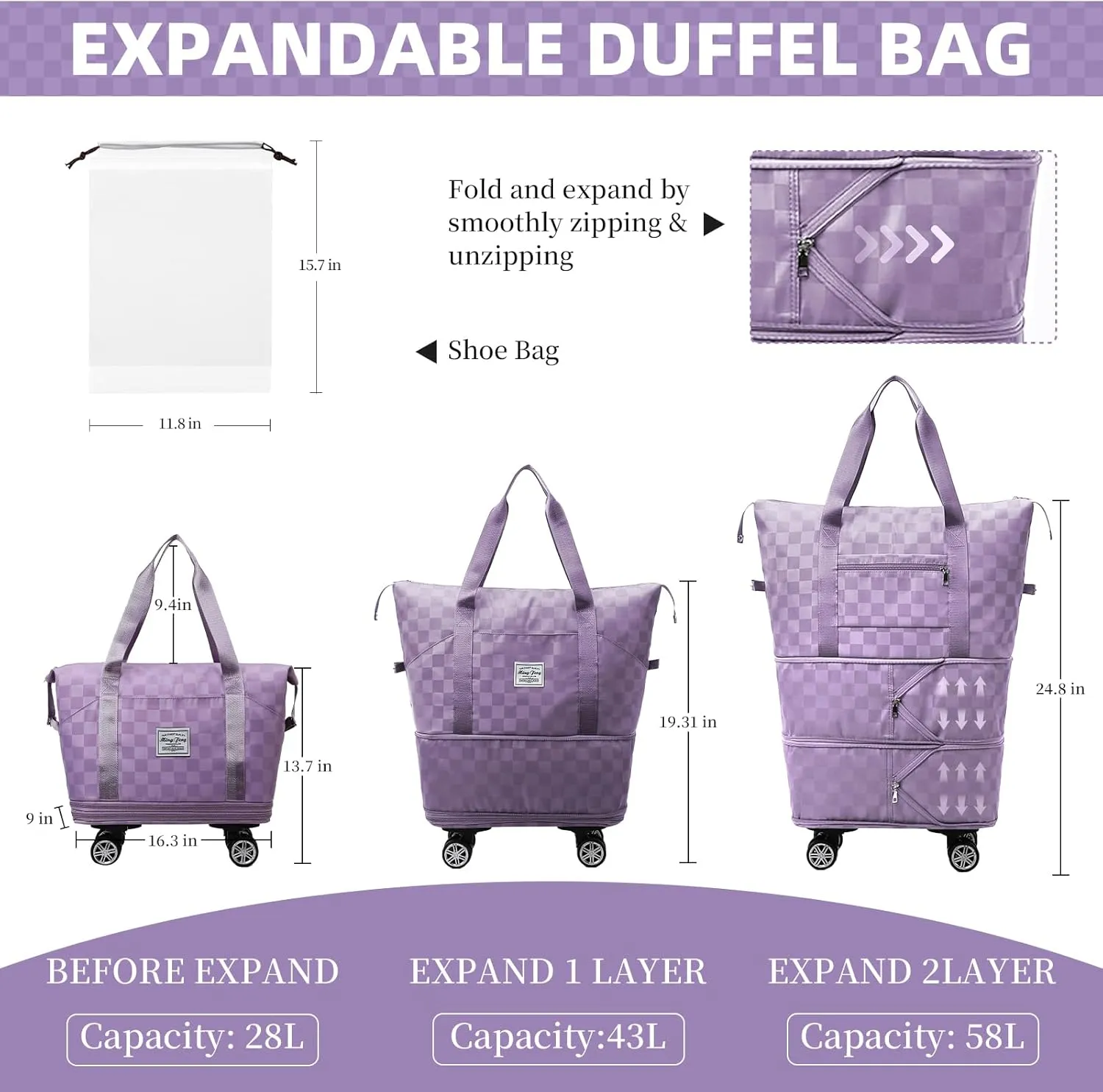 Rolling Duffle Bag with Wheels and Shoe Bag Expandable Foldable Travel Duffel Bag Carry on Luggage Bag Checkerboard Weekender Bag for Men Women