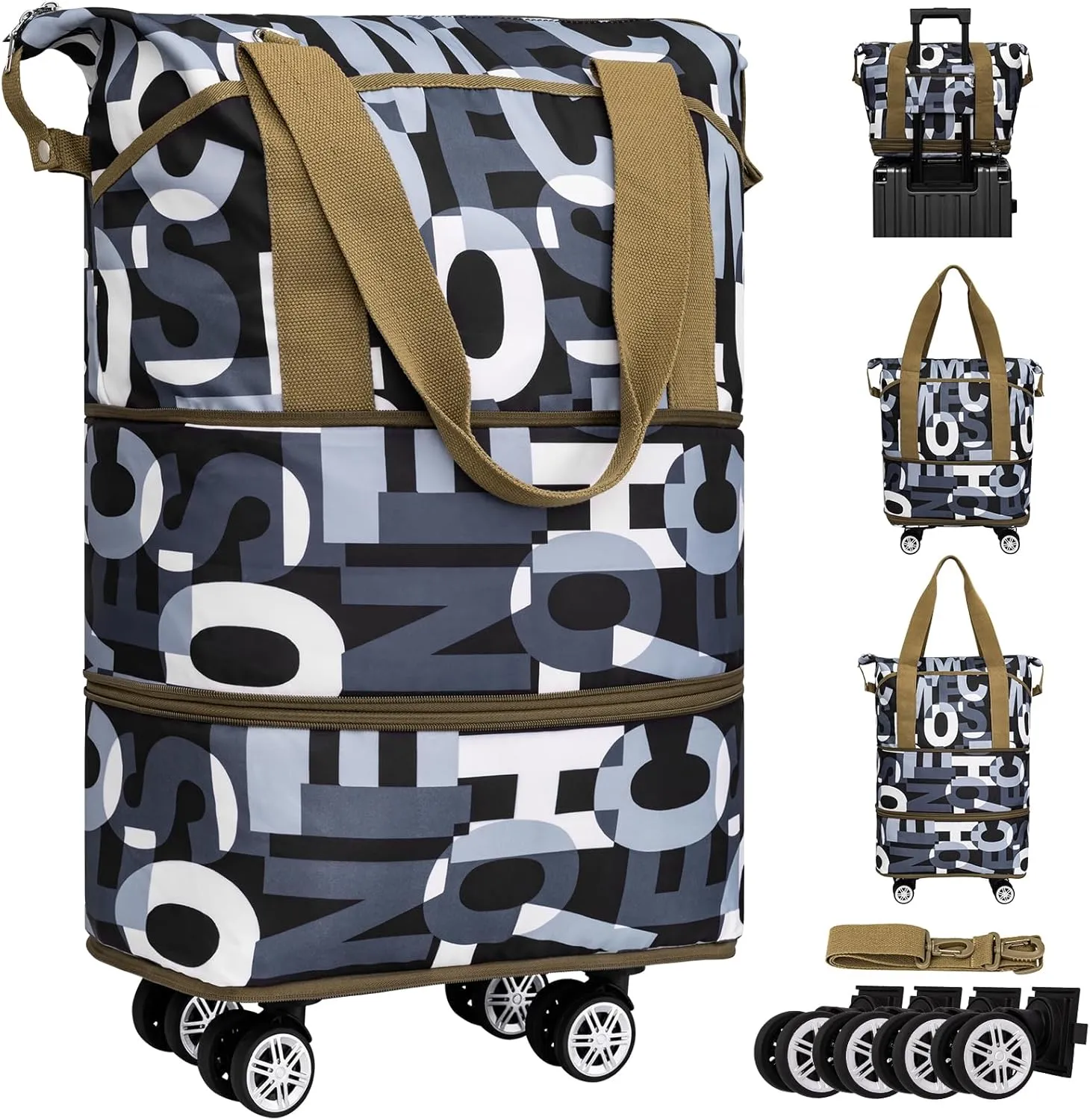 Rolling Duffle Bag with Wheels, Expandable Foldable Duffel Bag for Travel, Light Weight Large Weekend Bag, Carry on Duffel Bag Rolling Luggage Bag with Shoulder Strap for Travel Camping Sports