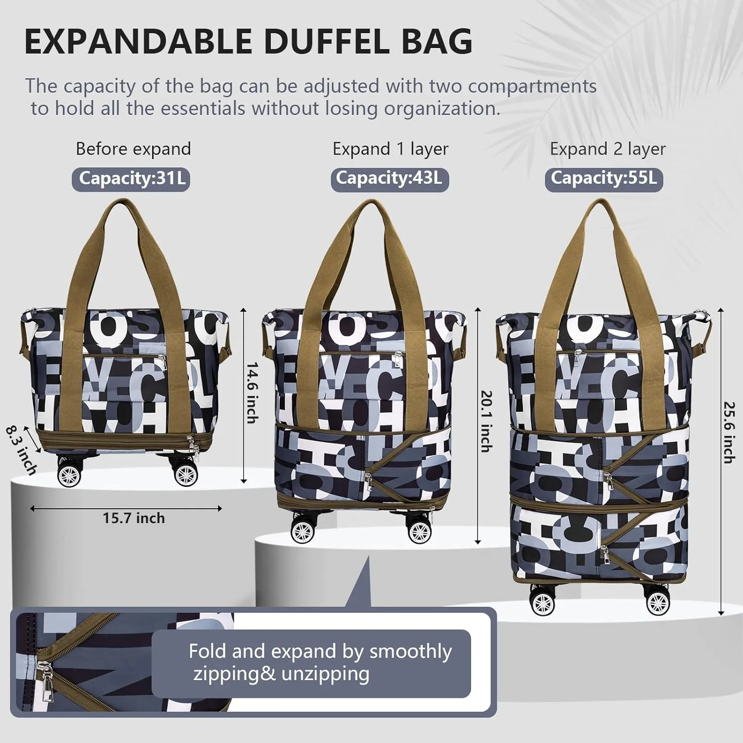 Rolling Duffle Bag with Wheels, Expandable Foldable Duffel Bag for Travel, Light Weight Large Weekend Bag, Carry on Duffel Bag Rolling Luggage Bag with Shoulder Strap for Travel Camping Sports
