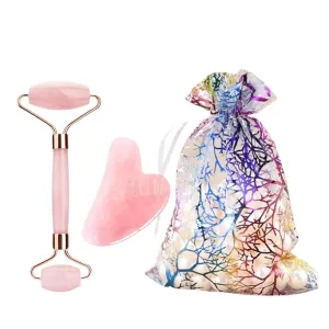 Rose Quartz Jade Roller Gua Sha Set Body Massager Roller Jade Stone Massage Set Face Lifting Beauty Tools(Style e)