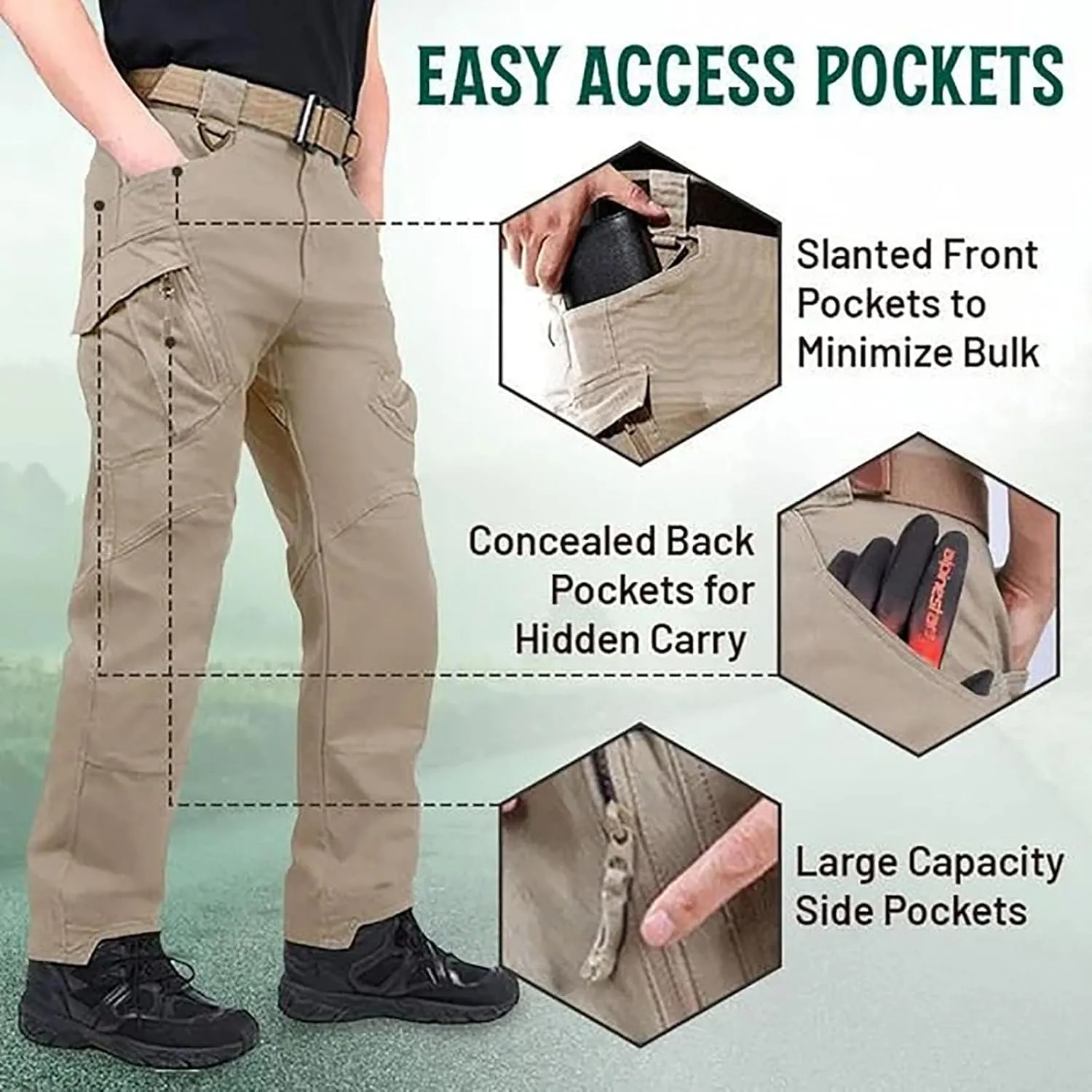 Rugstor Flexcamo - Tactical Waterproof Pants, Lightweight Waterproof Quick Dry Tactical Pants with Belt