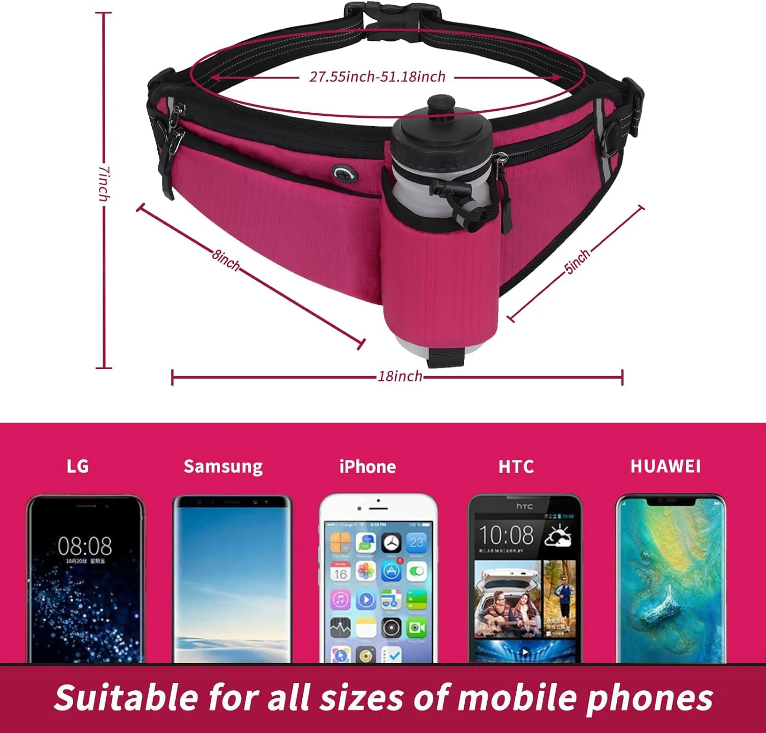Running Waist Pack,Adjustable Hydration Running Belt Bag with Foldable Water Bottle Holder(Bottles NOT Included),Water Resistant Pouch Pack,for Marathon,Jogging, Cycling,Biking,Hiking (rose red)