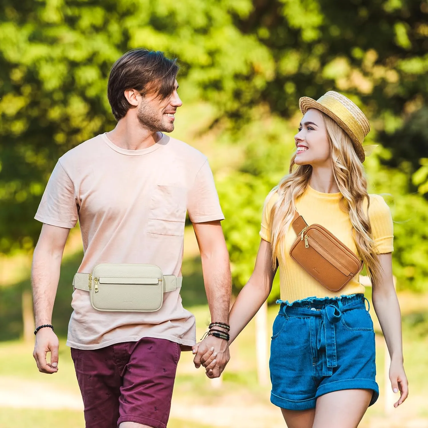 S-ZONE Fanny Packs for Women, Genuine Leather RFID Blocking Crossbody Bags Purses, Sling Waist Bag, Fashionable Chest Bag, Gifts Travel Running Adjustable Strap Men