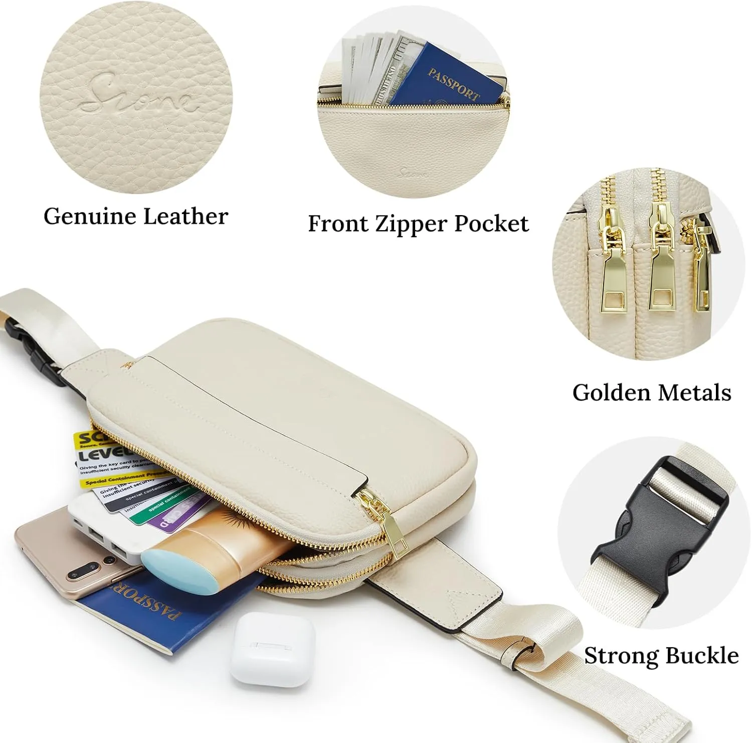 S-ZONE Fanny Packs for Women, Genuine Leather RFID Blocking Crossbody Bags Purses, Sling Waist Bag, Fashionable Chest Bag, Gifts Travel Running Adjustable Strap Men