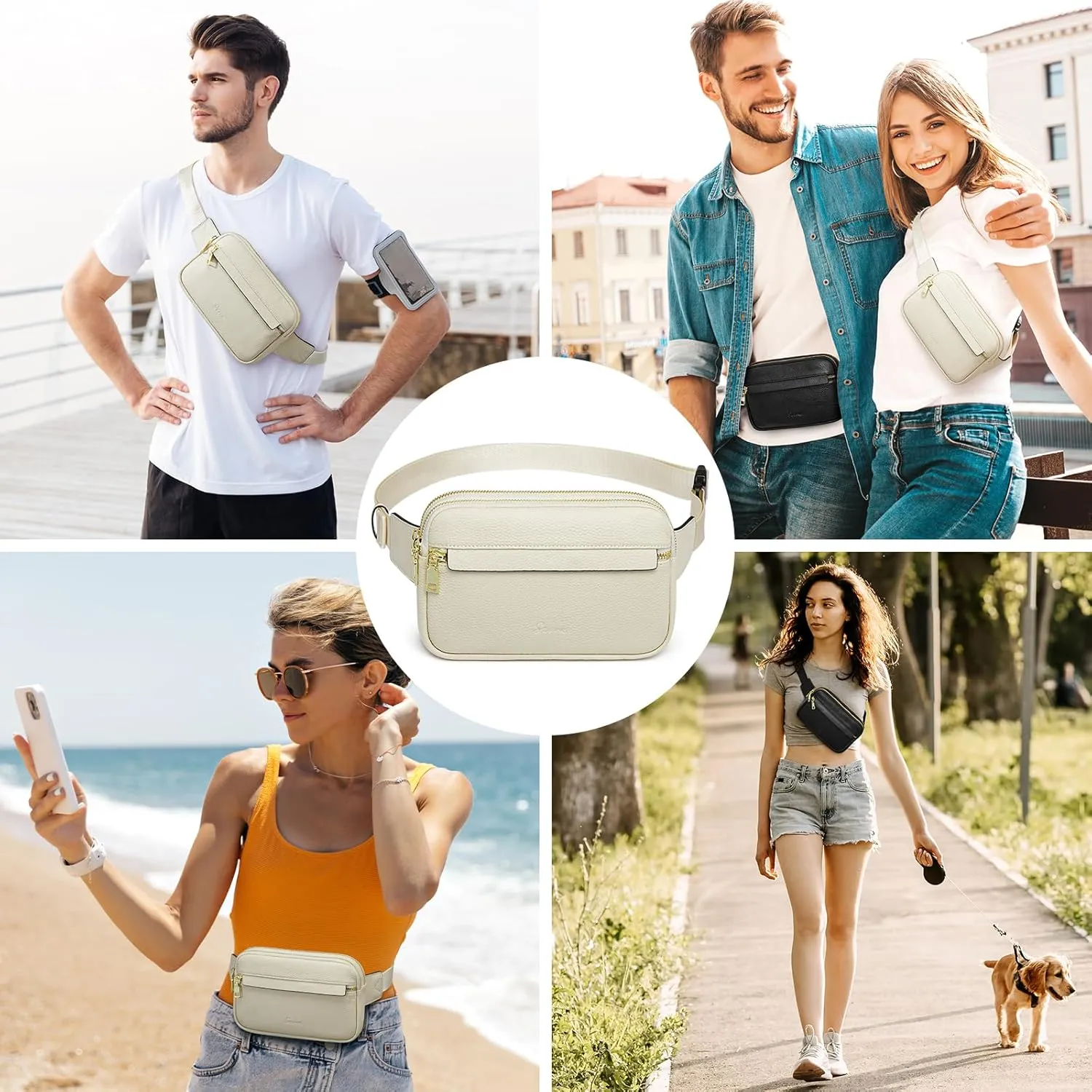 S-ZONE Fanny Packs for Women, Genuine Leather RFID Blocking Crossbody Bags Purses, Sling Waist Bag, Fashionable Chest Bag, Gifts Travel Running Adjustable Strap Men