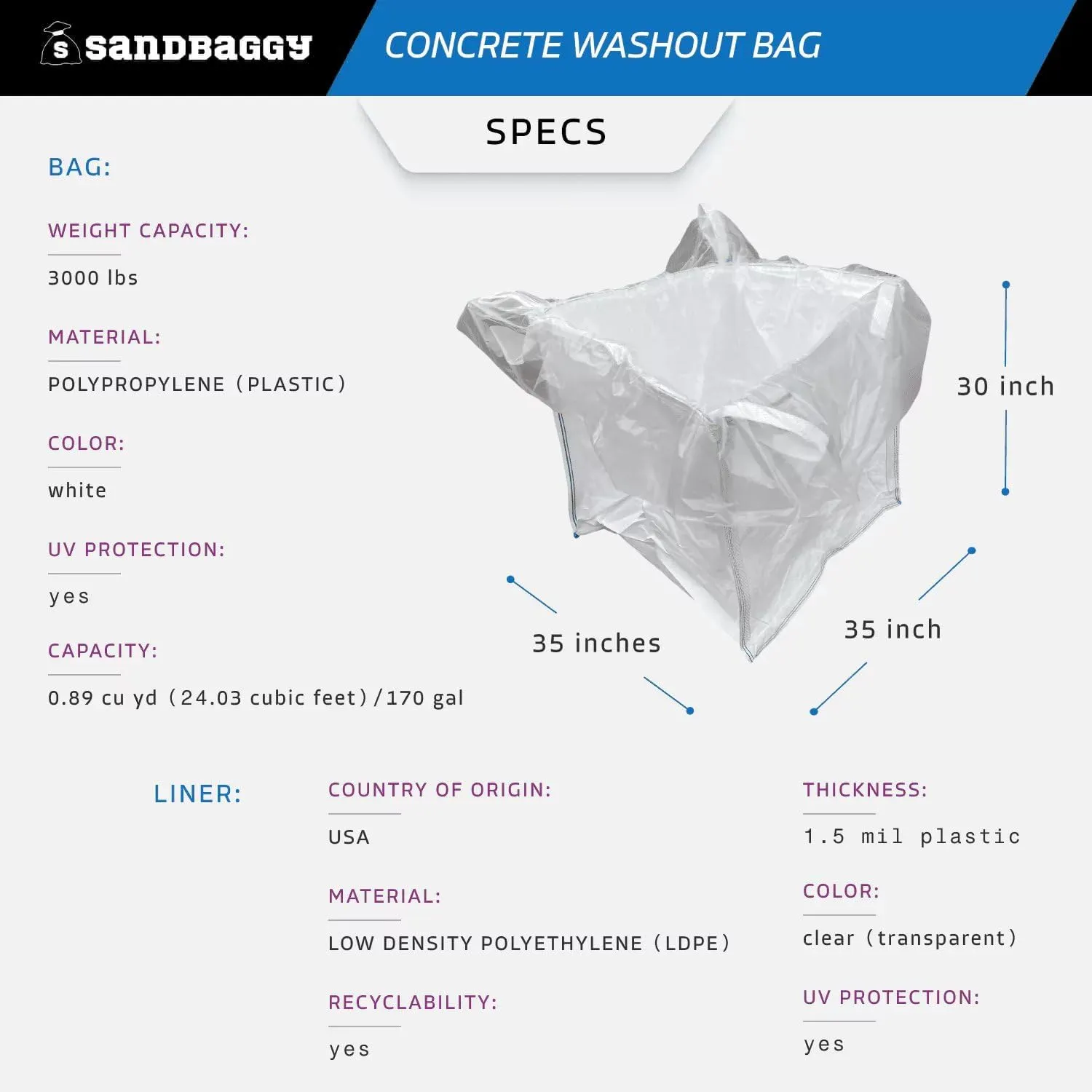 Sandbaggy 170 Gal. Concrete Washout Bag w/Plastic Liner - UV Protected (35" x 35" x 30") - 3000 lb Weight Capacity (200)